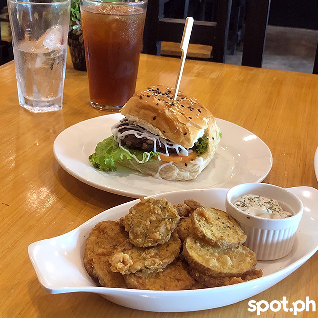 Burger with sides at Big Mike's